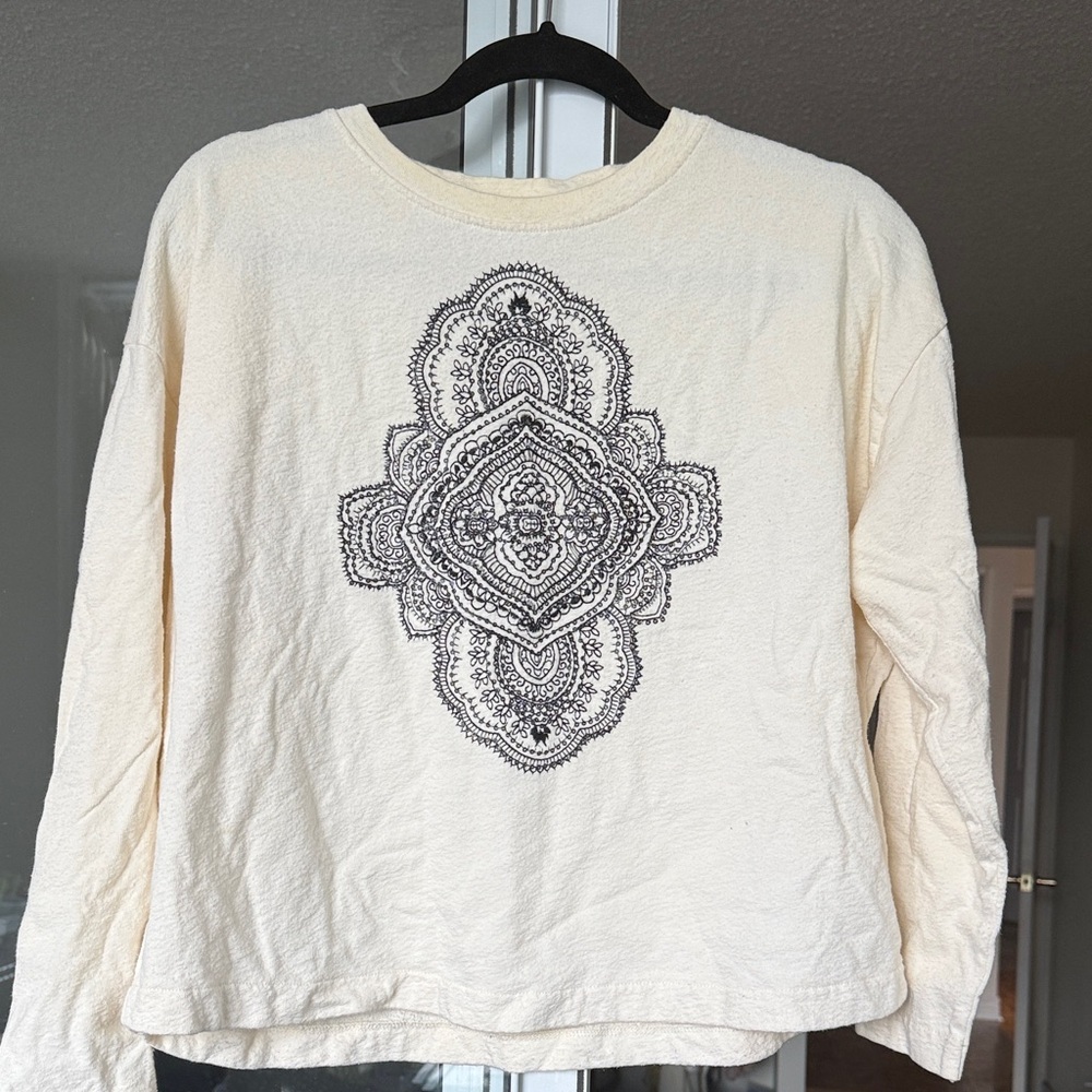 Zara Cream Long Sleeve Crew with Boho Pattern